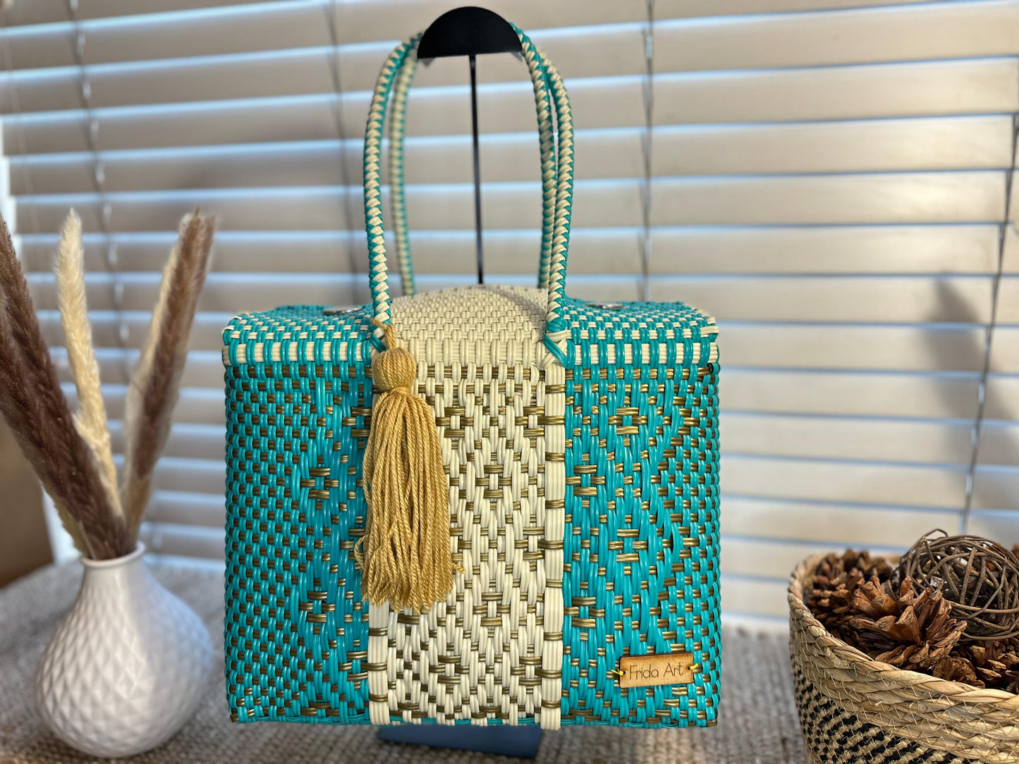 Aqua, beige & gold