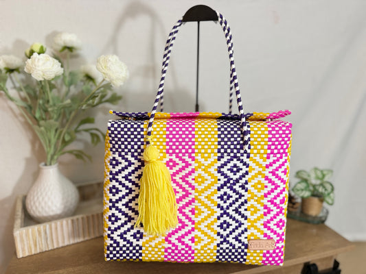 Pink, yellow, purple & white