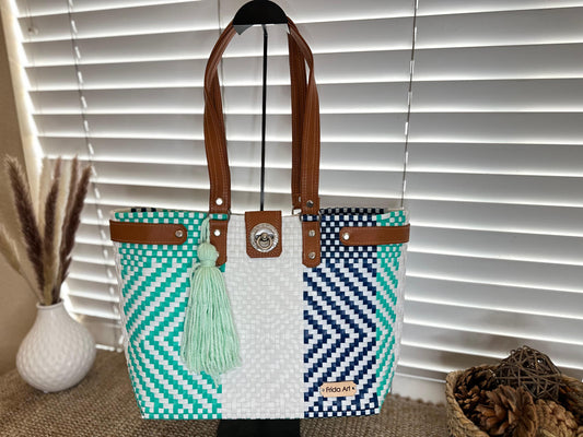 Aqua, white & navy blue